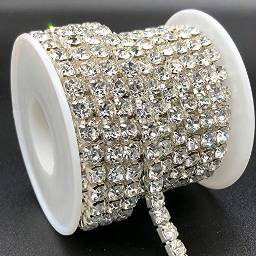 Towenm 1 Roll 5 Yards Large Crystal Rhinestones Close Chain, 5Mm Rhinestone Chain, Ss24, Sew On Crystal Rhinstone Chain Trim, Crystal Claw Cup Chain Roll (Silver Base + Crystal Clear, Ss24 / 5.0Mm) #TOP2