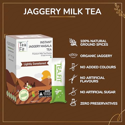 Image of TeaFit Instant Jaggery Masala Chai Premix | Desi Gud Chai | 30 Sachets (420gm) + Spoon | Just Add Water | Made with Organic Cane Jaggery, Premium Assam Tea & Aromatic Spices | Ayurvedic Spiced Chai