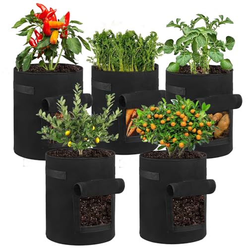 EAEVKPI 5 Pièces Sac de Culture de Pommes de Terre, 10 Gallons Sac de Plantation avec Fenêtre et Poignée, Sacs de Culture en Tissu Non Tissé Respirant pour...