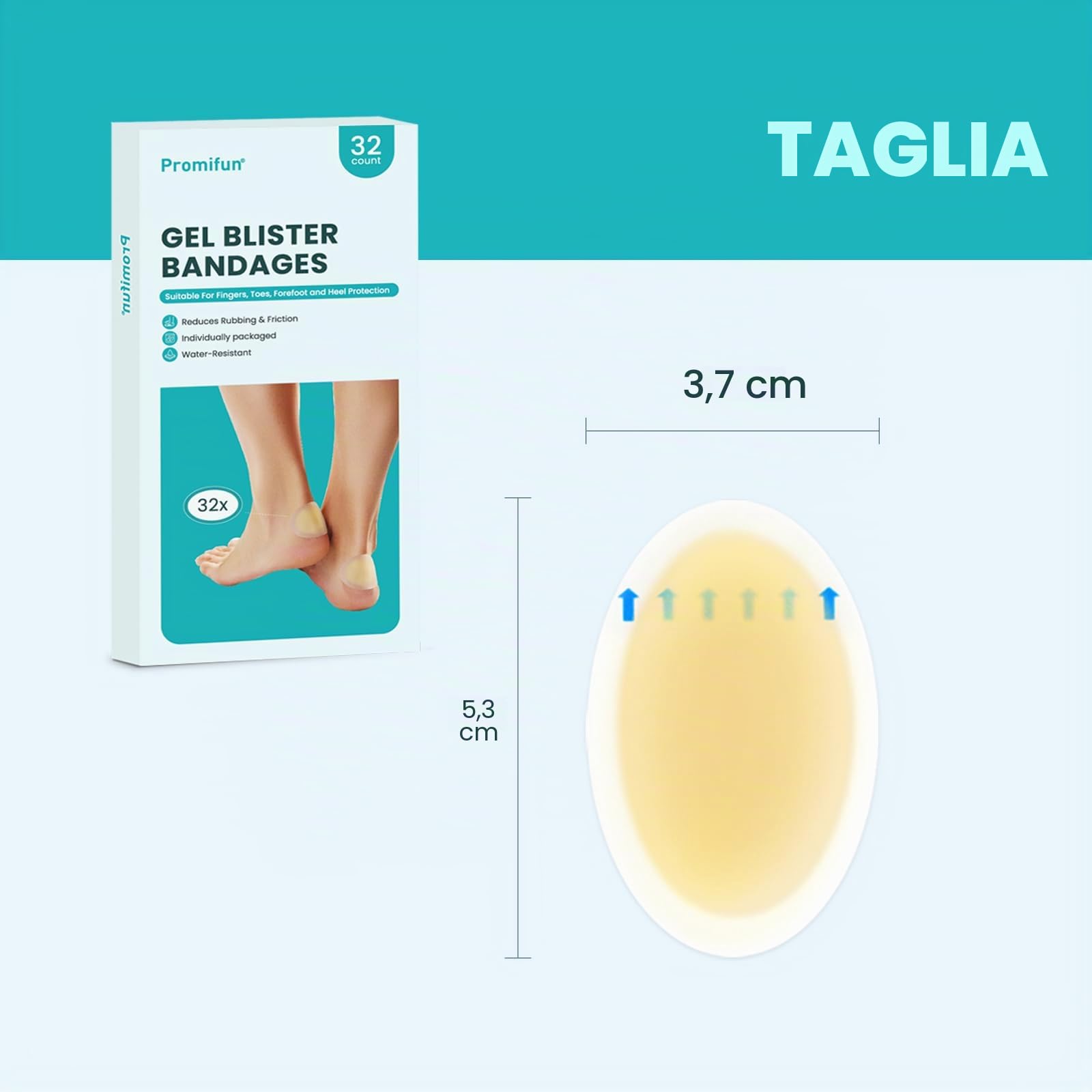 Promifun 32ct Bende adesive per vesciche in gel idrocolloide, impermeabili, per talloni, piedi, dita dei, dito, per prevenzione e recupero, Hydrocolloid Gel Blister Bandages(Heel Pack)