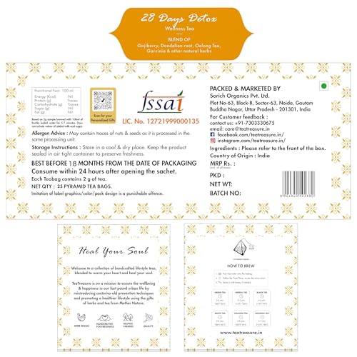Image of Tea Treasure 28 Day Detox Herbal Blend with Garcinia Cambogia & Oolong | Detox Tea Bags for Metabolism & Digestive Support | Helps Reduce Bloating & Supports Skin Glow | Unflavoured | 25 Bags