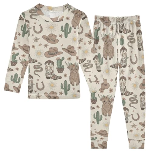 Pajama Sets Long Sleeve Western Boots Highland Cattle Soft Comfy Sleepwear 2 Piece PJS 3-8T