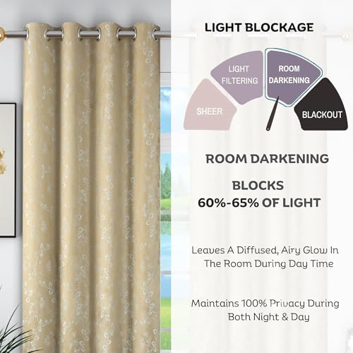 Image of FRESH FROM LOOM Light Blocking 80% Room Darkening Curtain 9 Feet Long Door | Elegant Floral Look | Anti-Fade | Heavy Jari Jacquard Premium Luxury Stitching Parda (9ft, Beige, 2pc)