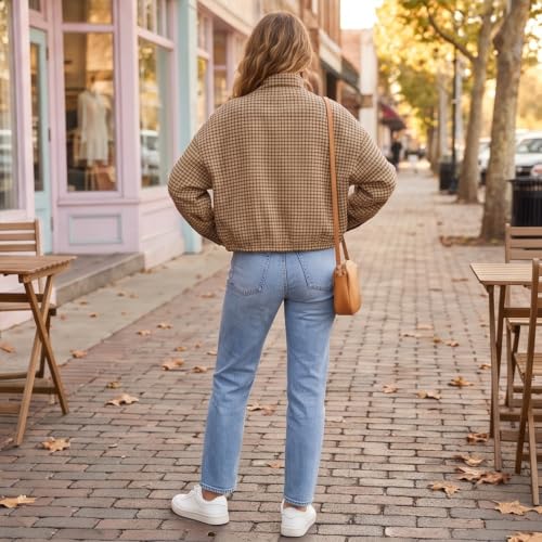Plaid Bomber Jacket Women Oversized Cropped Funnel Neck Gingham Jacket - image 7