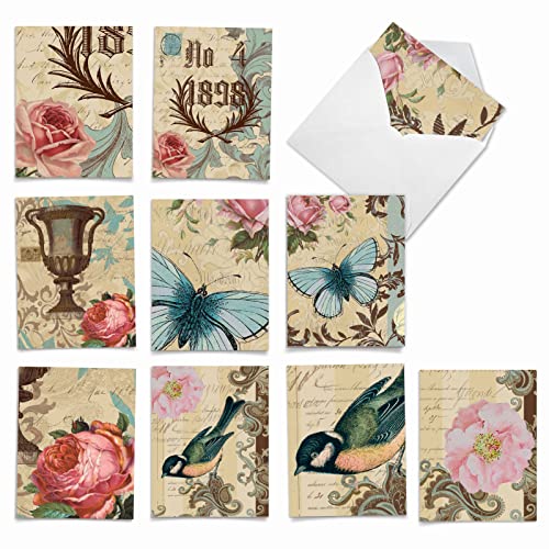 The Best Card Company - 10 Retro Blank Cards with Envelopes (4 x 5.12 Inch) - Artistic Boxed Assortment, Vintage Note Cards - Victorian Garden M3972