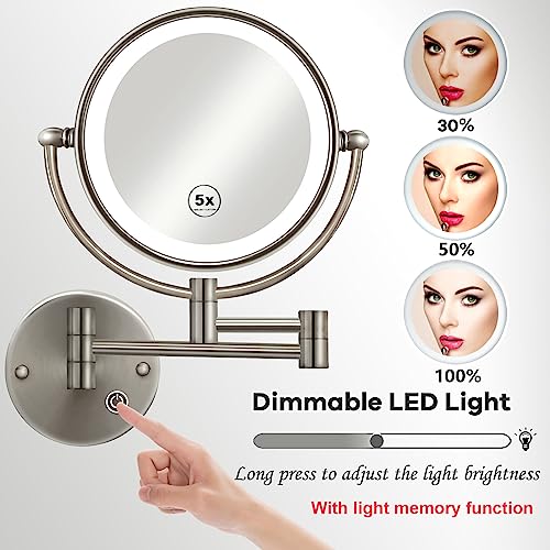Reckodor 8" Brass Lighted Magnifying Mirror Wall Mounted, 1X/5X Double-Sided Bathroom Personal Makeup Mirror With Light, Touch Dimmable, No Pre-Installed Wire And Usb Rechargeable, Brushed Nickel #TOP5