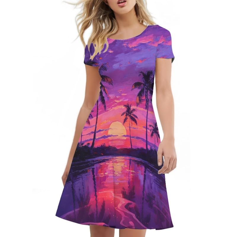 Image of Irisjudy T Shirt Dress for Women Short Sleeve Girls Short Sleeve Dress Plus Size, O Neck Knee Length Midi Dress for Ladies