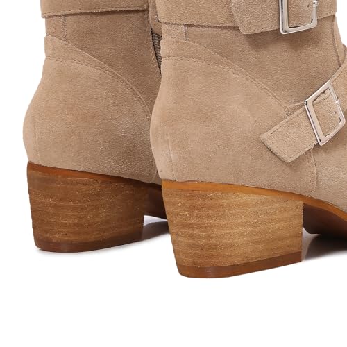 mm Women's Leather Ankle Boots with Adjustable Buckles, Classic Pointed Toe Chunky Wooden Low Heel Side Zipper Casual Chelsea Western Booties for Ladies Fall,Khaki Black4