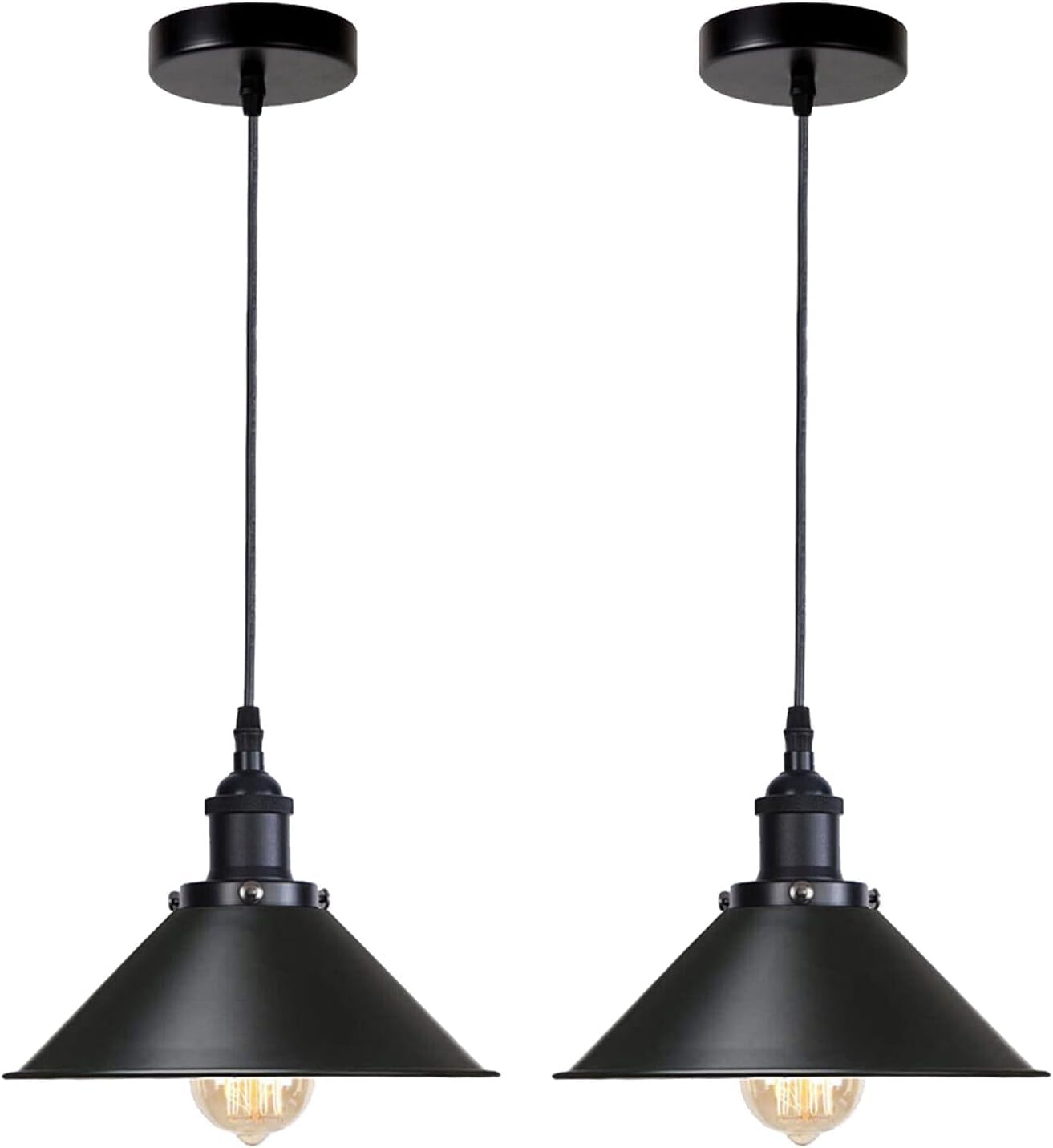 DC Voltage Metal 2 Pack of Cone Shape Black 22 cm Width Lamp Pendant Shade Ceiling Hanging Industrial E27 Light Base Easy Fit Adjustable Cable for Indoor Room Restaurant Cafe. โ image 1