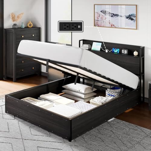 LUXOAK Bett 140x200, Hydraulisches Bett mit Stauraum Kopfteil und Ladestation, Jugendbett Doppelbett Bettgestell mit Lattenrost, Schwarz, Ohne Matratze