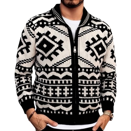 Men's Cardigan Sweater Zip Up Vintage Jacquard Lapel Long Sleeve Knit Sweater Outwear