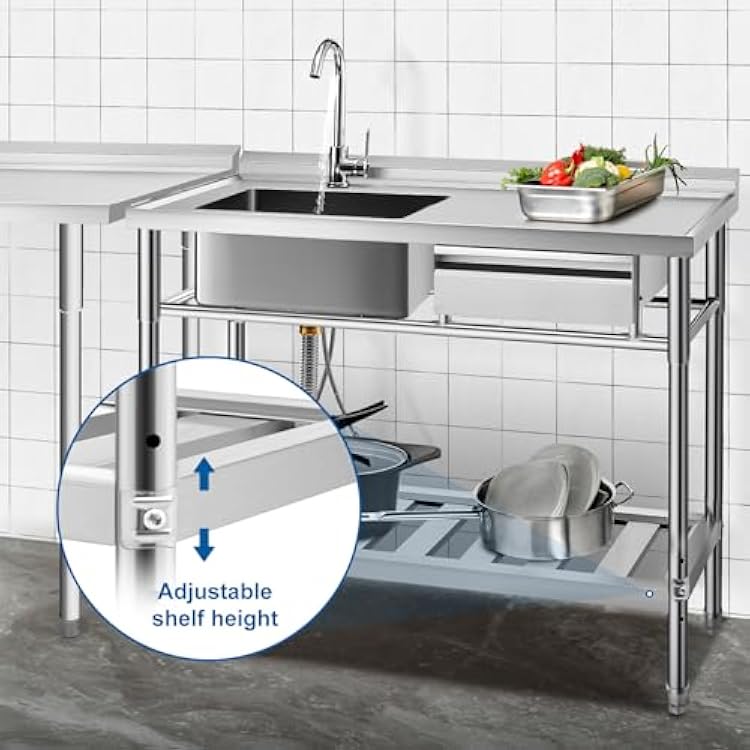 YORKING Utility Sink, Free Standing Single Bowl Kitchen Stainless Steel Sink with Drawer Storage & Cold and Hot Water Pipe for Indoor and Outdoor (39 inch)