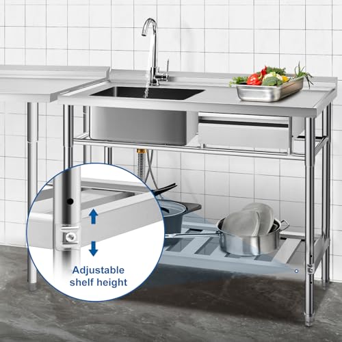 YORKING Utility Sink, Free Standing Single Bowl Kitchen Sink Stainless Steel Sink with Drawer Storage & Cold and Hot Water Pipe for Indoor and Outdoor Sink (39 inch)
