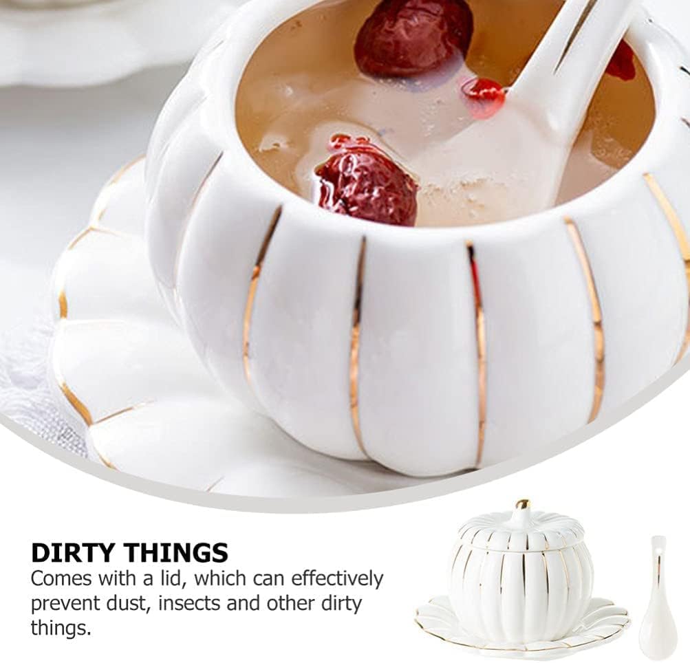 Serving Dish Pumpkin Dessert Bowl Soup Bowl with Saucer and Spoon Salt Container with Lid and Base Condiment Containers Sugar Bowl Ceramic Dinnerware for Halloween Party Ceramic Crock