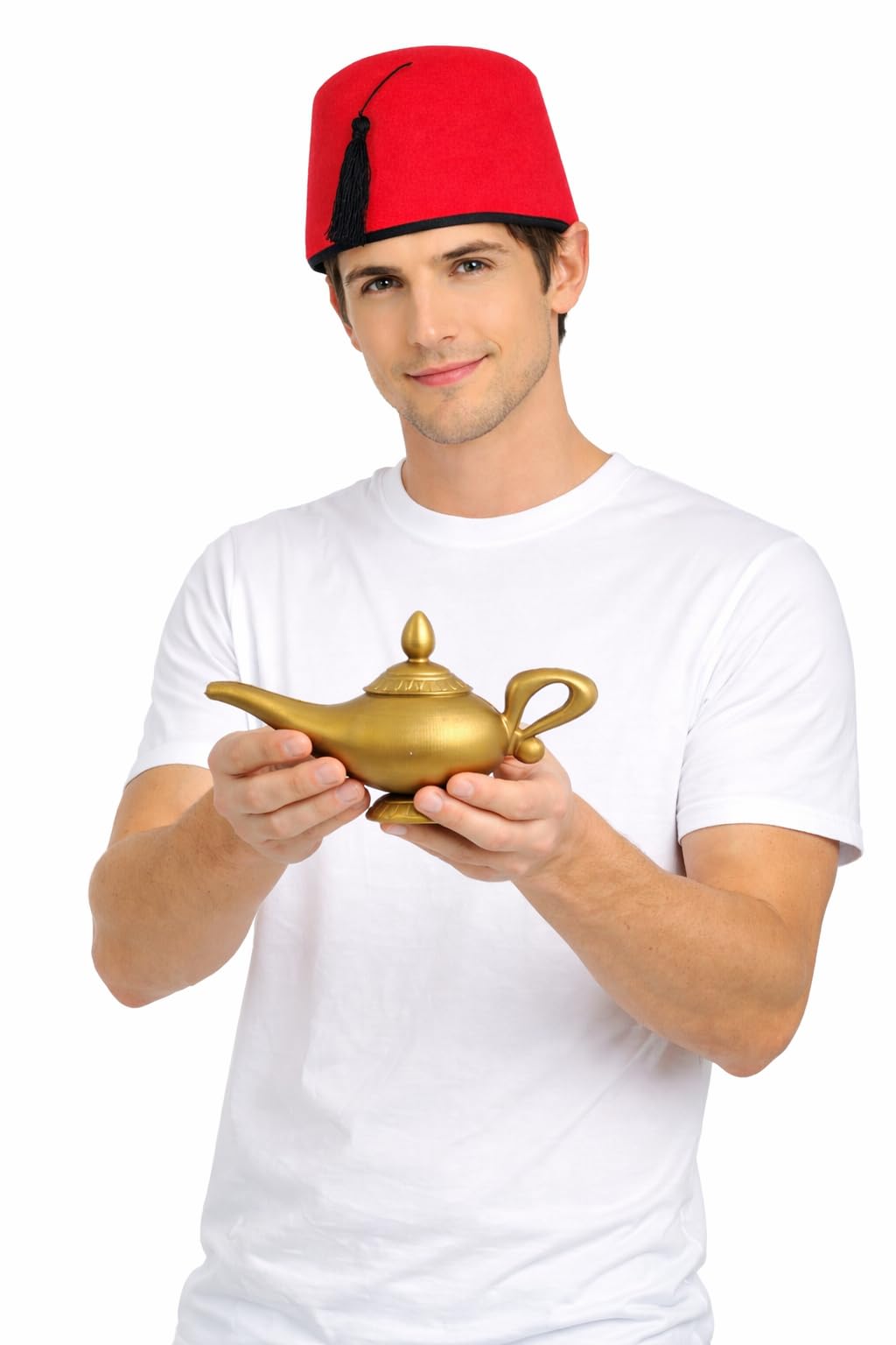 NuJake Adults Red Fez Hat & Genie Magic Wish Lamp – Costume Accessory Set for Fancy Dress, Halloween, Parties & Themed Events