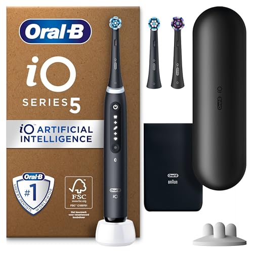 Oral-B iO 5 Zwarte Elektrische Tandenborstel, 3 Opzetborstels, 1 Reisetui, 1 Etui voor de oplader,...