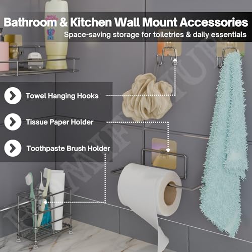 Image of 8 Pcs Bathroom Organiser Without Drill | Self Adhesive Wall Shelf Organizer & Soap Stand for Kitchen Bathroom | Toothbrush & Shampoo Holder Wall Shelf Stand (Silver)