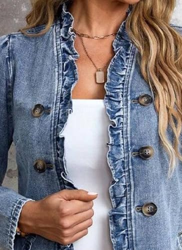 Women's Elegant Ruffled Denim Collarless Jacket Double Breasted Side Pocket Jean Coat 2025 Spring Casual Fashion Outwear4