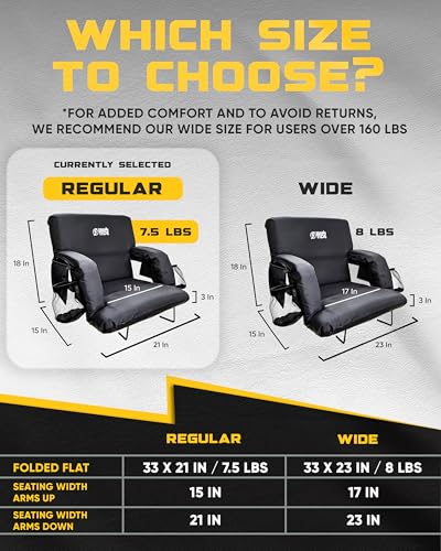 Image of BRAWNTIDE Stadium Seat for Bleachers with Back Support - Wide Padded Reclining Bleacher Seat, Portable Folding Stadium Chair with Armrests, Hooks, Straps, Cup Holders & Pockets (Black, 21 inch)