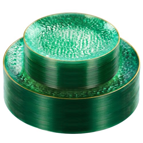 realluck 100Pcs Clear Green Plastic Plates with Gold Rim
