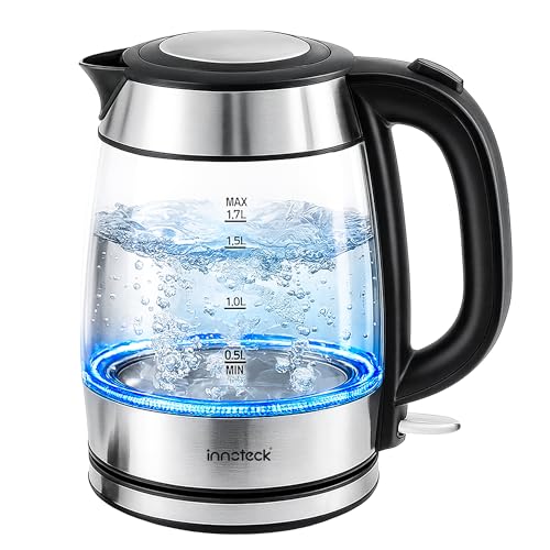 Innoteck 1.7L Glass Electric Kettle – 3000W Fast Boil Cordless Kettle with Blue LED Illumination, Borosilicate Glass, BPA-Free, Boil-Dry Protection, 360° Base, Push-Button Lid & Perfect Pour Spout