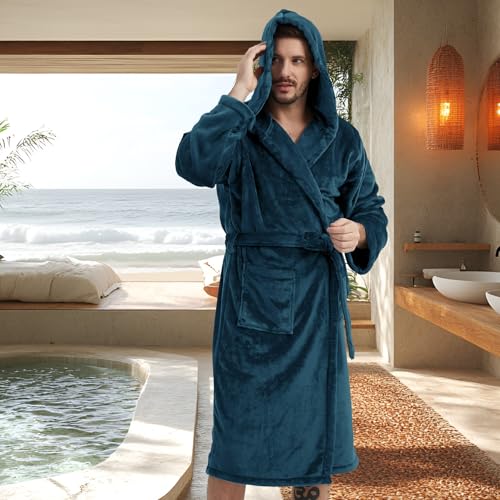Mens Fleece Bathrobe with Hood,Plush Mens Bathrobe -Soft& Warm Knee Length4