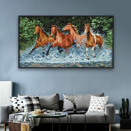 Image of Aiorkeng Cross Stitch Kits Stamped Full Range of Embroidery Starter Kits for Adults Beginners DIY 11CT 3 Strands -Printed kit Horses(Printed) 30.3x18.1inches