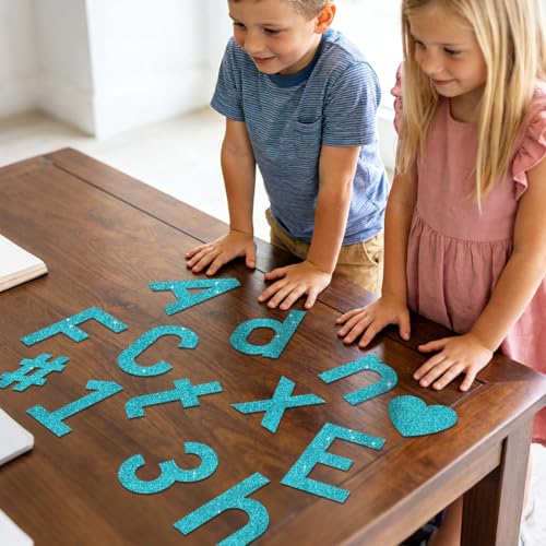 Image of Vuzvuv 295 Pcs Glitter Bulletin Board Letters and Numbers, 4 Inch Classroom Decor with Adhesive Points, Alphabet Cut Outs for School Display (Turquoise Blue)