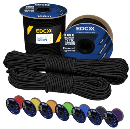 EdcX 3 mm Nylon Paracord 425 (15, 30, 50 and 100m) – 3 mm Type II, 100% Nylon Rope, 3 Strand Rope, 3 mm Nylon Rope in Many Colors (Black, 15 m)