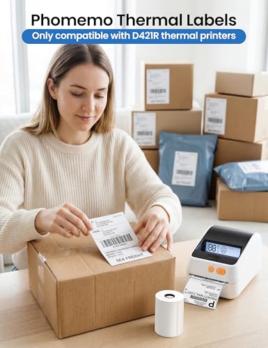 Image of Phomemo 4x6 Shipping Labels for D421R Printer Only, 250 Labels per Roll, Thermal Shipping Labels with RFID Chip, Smart Auto-ID & One-Click Calibration, Shipping Supplies for Small Business & Home