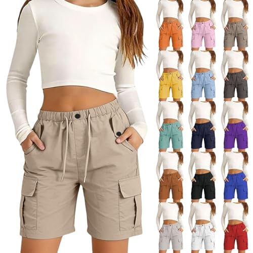 Girls Bermuda Cargo Shorts Baggy Hiking School Uniform Shorts Summer Casual Loose Elastic High Waist Drawstring Athletic Short Pants With Pockets Teen Tween Girls Trendy Clothes A-Khaki 13-14 Years