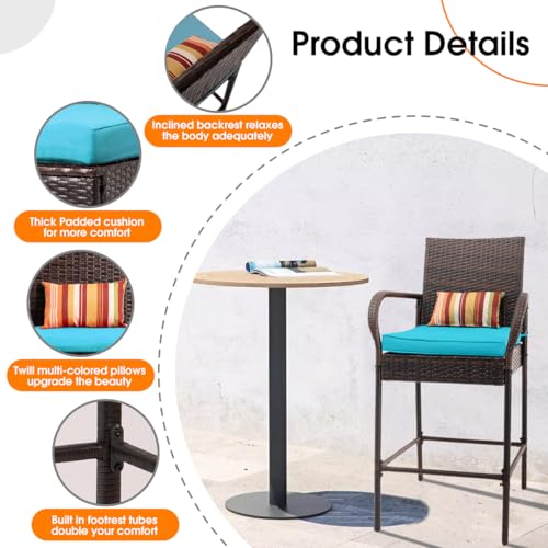 Image of Sundale Outdoor Wicker Bar Stool Set of 6, Patio Counter Height Pub Chair with Arms, High Top Rattan Barstool, Cushion Beige, All-Weather Outdoor Rattan Furniture (Brown&Blue, Small Seat - 6 Stools)