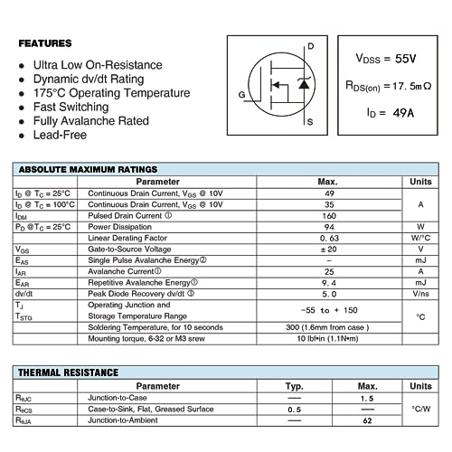 Image of IRFZ44N MOSFET 49A 55V IRFZ44 IRFZ44NPBF N-Channel Rectifier Power Transistor Rectifier 49 Amp 55 Volt TO-220 (Pack of 20pcs)
