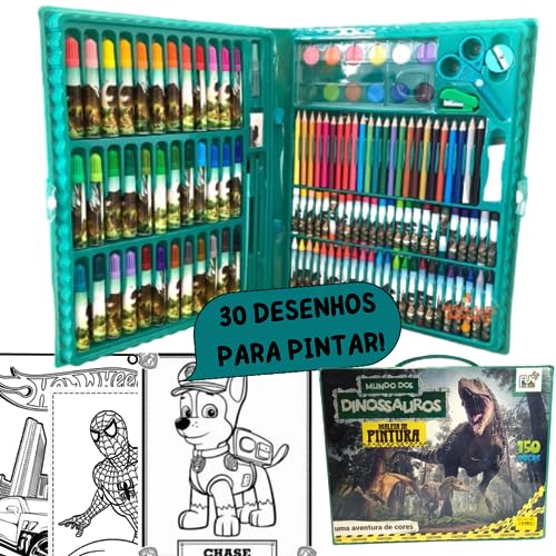 Estojo Completo De Pintura Infantil Com 150 Peças + 30 Desenhos Kit Escolar Maleta Presente Criança