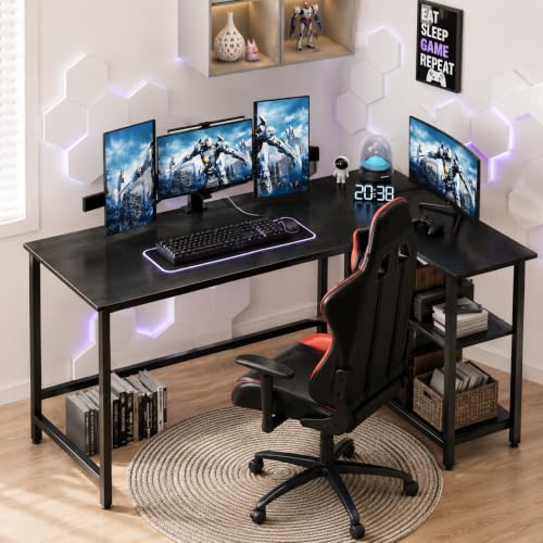 Image of L Shaped Reversible Desk| Gaming Table, Computer Corner Desk, Home Office Writing Desk with Shelf, Space-Saving Workstation Table | Black | 30x50x75 cm