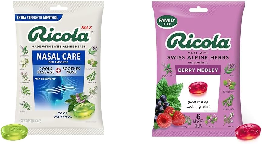 Max Cool Menthol Nasal Care Large Bag | Cough Suppressant Drops | Dual Action Liquid Center - 34 Count Berry Medley Throat Drops, 45 Count
