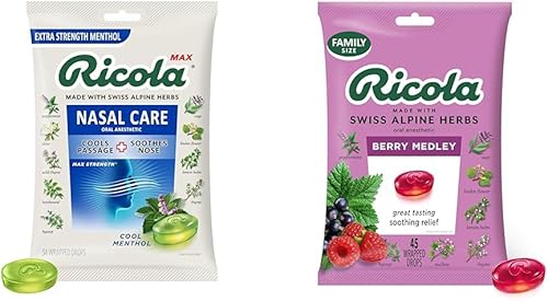 Ricola Max Cool Mentol - Bolsa grande para cuidado nasal  Gotas supresoras de tos  Centro líquido de doble acción - 34 gotas de garganta Berry