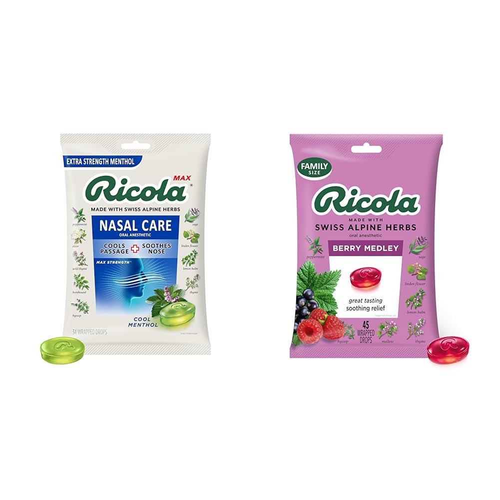 Ricola Max Cool Menthol Nasal Care Large Bag | Cough Suppressant Drops | Dual Action Liquid Center - 34 Count Berry Medley Throat Drops, 45 Count