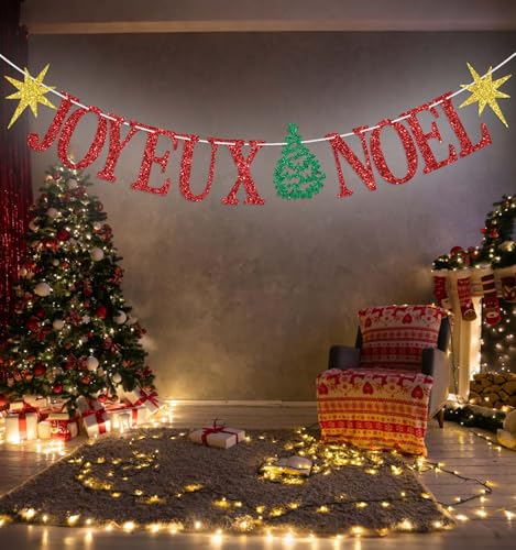 Joyeux Noel Banner, Christmas Party Decorations, Be Merry Decor, Merry Christmas Eve/Birthday Decoration Supplies, Winter Holiday New Year Decor Red Glitter – Image 3