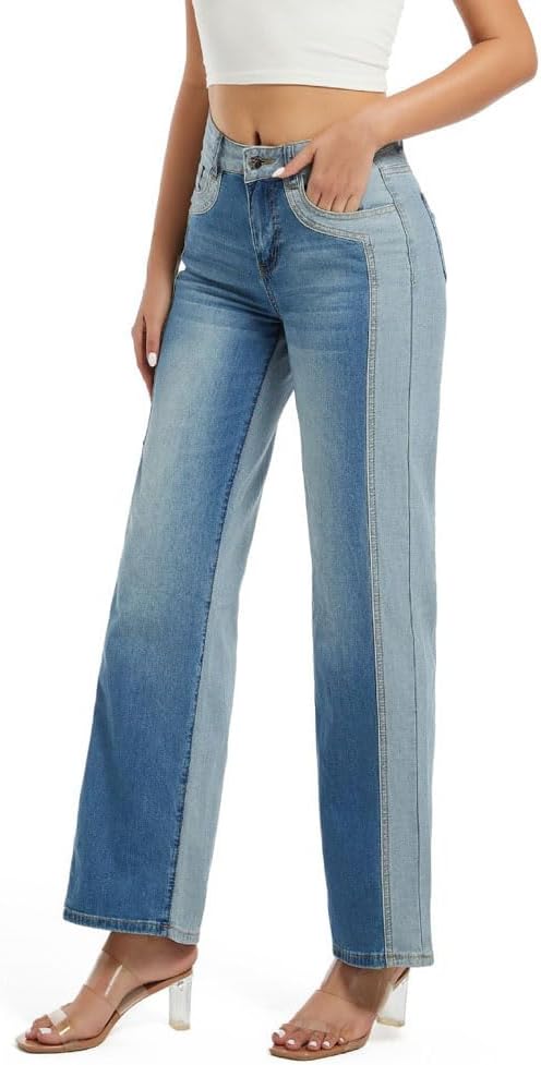 LAFOURAM Patchwork Jeans for Women High Waisted Two Tone High Waisted Chic Denim Color Block Jeans