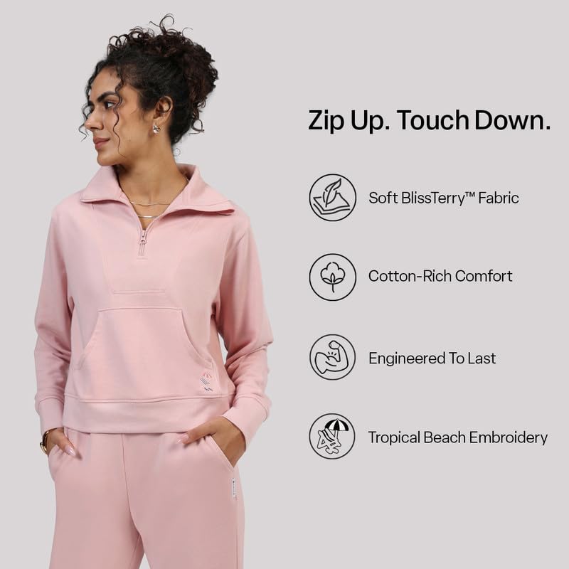 Image of BlissTerry Half Zip | Zippered front |Convertible collar to style |Kangaroo pocket for essentials |Ribbed cuffs |Cropped length