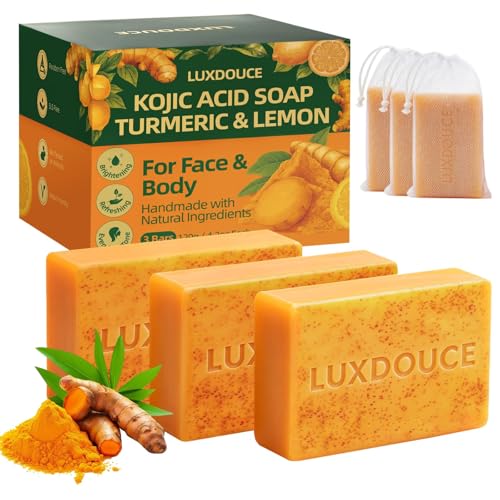 LUXDOUCE Kojic Acid Soap for Dark Spots – Turmeric & Lemon Skin Brightening Soap for Face & Body,...