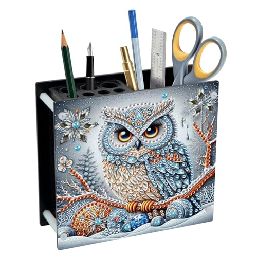Image of DIY 5D Diamond Painting Pen Holder, Snowy Winter Owl Pencil Holder for Seasonal Home Decor, Decorative Diamond Art Organizer for School, Office, and Home