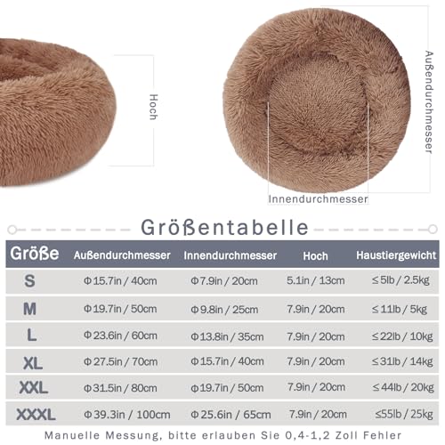 Hundebett Katzenbett Flauschig Rund aus Plüsch - Donut Kuscheliges Hundekissen Hundekorb Waschbar S/M/L/XL/XXL für Kleine, Mittelgroße und Große Hunde, Katzen und Andere Haustiere (S-40cm, Braun)