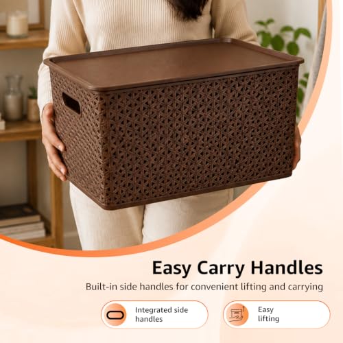 Image of Amazon Basics Set of 3 Plastic Storage Baskets with Lid - Stackable Organiser for Wardrobe, Kitchen, Clothes, Toys, Books, Office Multipurpose Shelf Basket (Large, 36x30x22 cm) | Brown, Rectangular