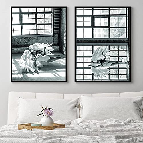 Peinture toile plume et femme pour sublimer un grand mur de salon vide lot de 2 toiles