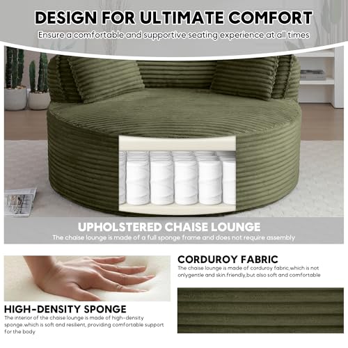 Image of Oversized Round Chair Lounge Chaise Indoor, 53.5 inch Upholstered Corduroy Deep Seat Single Cloud Sofa Chair, Fluffy Modern Large Circle Boneless Sleeper Sofa for Living Room, Bedroom, Green