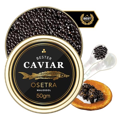 BESTER CAVIAR Premium Osetra Sturgeon Caviar – Traditionally Harvested Malossol Ossetra Black Roe with Mother of Pearl Spoon – Single Tin (1.76 oz)