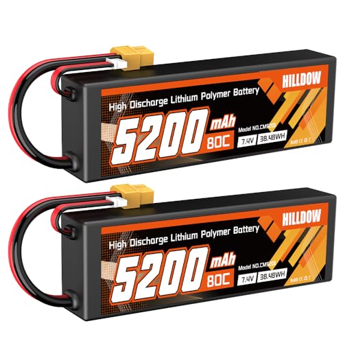 HILLDOW Batería Lipo 7.4V 2S 80C 5200mAh Lipo de Carcasa Rígida con Conector XT60 para Coches RC Camiones RC Vehículos RC (2 Paquetes)