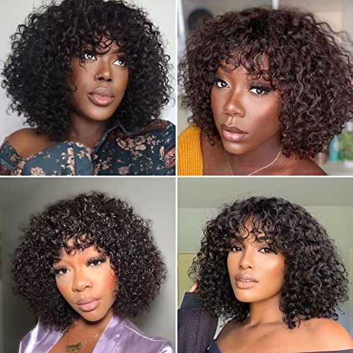 Yasgrl 10" Bouncy Curly Wig With Bangs Human Hair Realistic Look Hd Lace Glueless Wigs Brazilian Human Virgin Hair Short Curly Human Hair Wig With Bangs 180 Density #TOP5